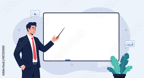Confident businessman in a formal suit and red tie pointing a stick at an empty whiteboard for a presentation.