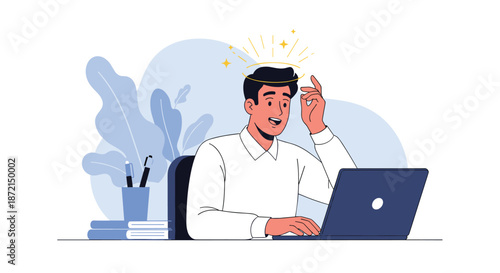 Inspired young man working on a laptop with a glowing halo and stars above his head representing a divine idea.
