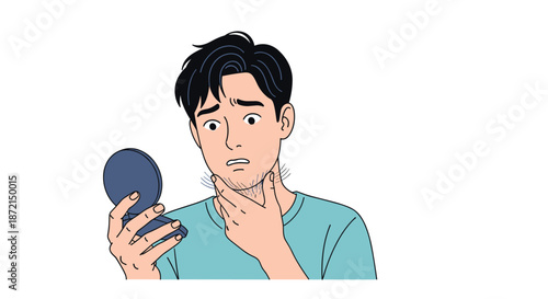 Worried young man looking at his reflection in a hand mirror while touching his chin and noticing facial hair or skin problems.