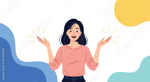 Happy young woman with black hair gesturing with both hands open as if presenting something special against a colorful background.