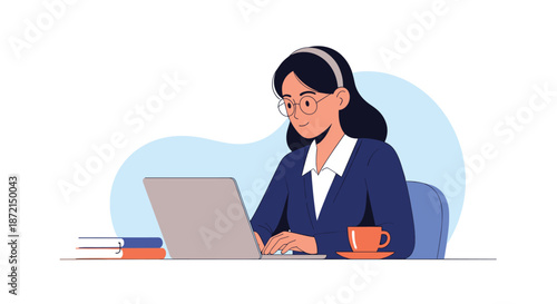 Young woman with glasses working on a laptop at a desk with a cup of coffee and books while smiling calmly in a peaceful environment.