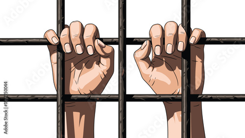 Human hands tightly grasping rusty and worn prison bars, depicting a strong visual representation of incarceration and longing for freedom.