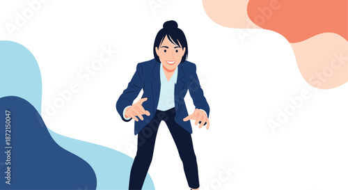 Confident businesswoman in a dark blue suit moving forward with determination against a colorful abstract background of shapes.