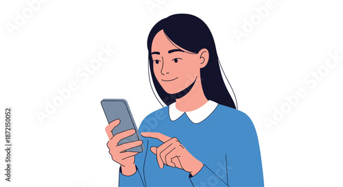 Smiling young woman with long dark hair browsing or texting on her smartphone with a happy and relaxed expression on her face.