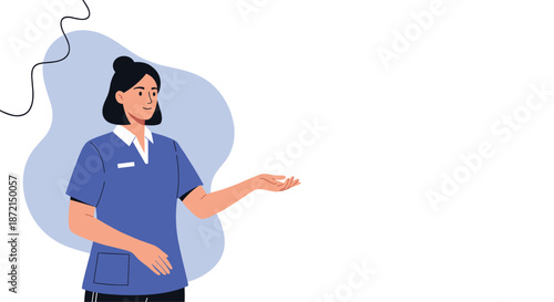 Female healthcare professional in blue scrubs presenting with an open hand against a light blue and white abstract background design.