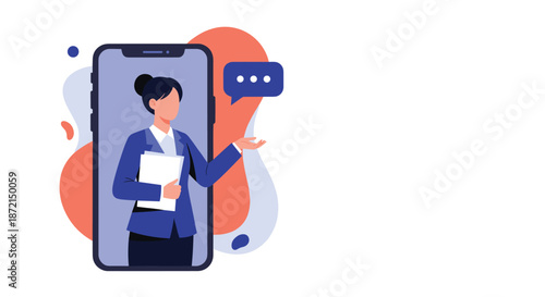 Businesswoman appearing on a large smartphone screen presenting a document and pointing to a speech bubble with three dots.