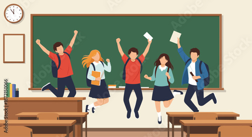 Group of diverse school students jumping for joy in front of a blackboard in a classroom after finishing their exams or school year.