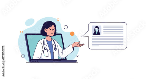Female doctor in a white coat appearing on a laptop screen and presenting a medical report with a masked person icon in a bubble.