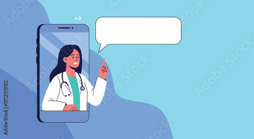 Female doctor on a smartphone screen wearing a stethoscope and white coat while pointing up at a blank white speech bubble for text.