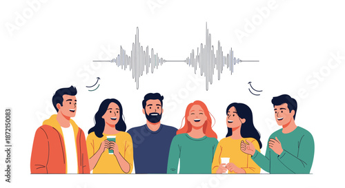Diverse group of young people talking and laughing together with audio sound waves appearing above them representing conversation.