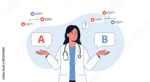 Female doctor in a white coat shrugging with her hands open while choosing between option A and option B with floating icons above.