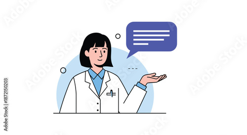Friendly female doctor wearing a white lab coat and a blue shirt explaining something with a speech bubble and open hand gesture.