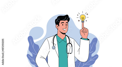 Happy male doctor in a white coat and green shirt pointing his finger up as a light bulb appears above his head.