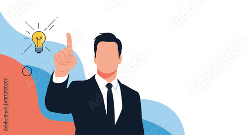 Abstract illustration of a businessman silhouette pointing towards a shining light bulb representing a new business idea.
