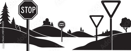 Road signs on a black and white landscape