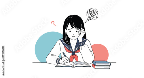 Stressed high school girl in a school uniform sitting at a desk with books and writing in her notebook while looking worried.