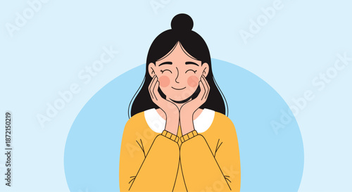 Young woman with her hair in a bun smiling happily while resting her chin and cheeks in her hands against a blue circle.