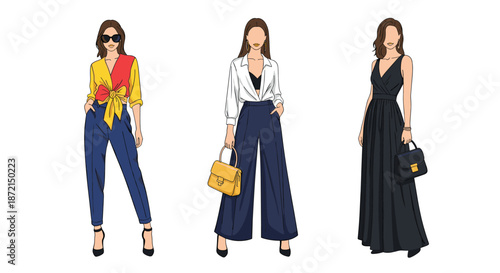 Three stylish women posing in various modern fashion outfits including casual wear, business chic, and a long black dress.