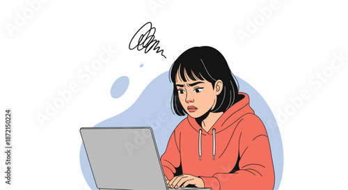 Stressed young woman in a red hoodie sitting at her laptop with a scribble above her head representing confusion or pressure.