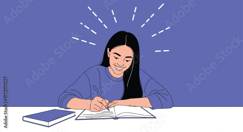 Smiling young woman sitting at a desk and writing in her notebook with light rays above her head representing an idea.