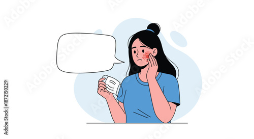 Concerned woman holding a medical face mask while touching a red rash or irritation on her cheek with a speech bubble.