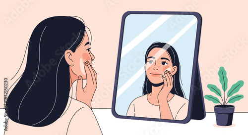 Young woman looking at her reflection in a square mirror while applying white cosmetic cream to her face for skincare.