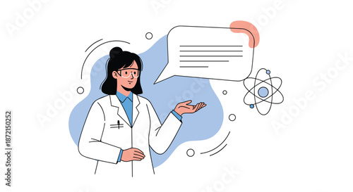 Professional female scientist or researcher in a lab coat and safety goggles gesturing towards a speech bubble and an atom icon.