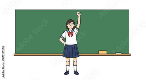 Determined schoolgirl in a sailor uniform standing in front of a green blackboard and raising her fist for motivation.