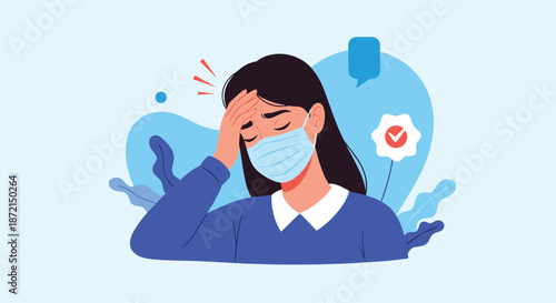 Sick woman wearing a medical mask and holding her hand to her forehead with icons representing fever and health check.