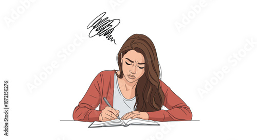 Stressed woman in a red cardigan sitting at a table and writing in a notebook with a scribble above her head.