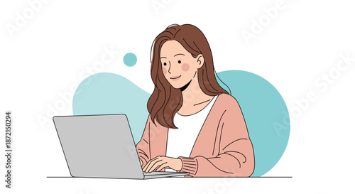 Happy young woman with long hair sitting at a table and typing on her laptop while smiling in a bright home office.