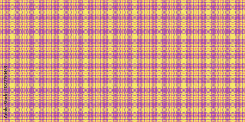 1970s seamless vector fabric, dreamy texture pattern background. Fashion tartan plaid textile check in purple and yellow colors.