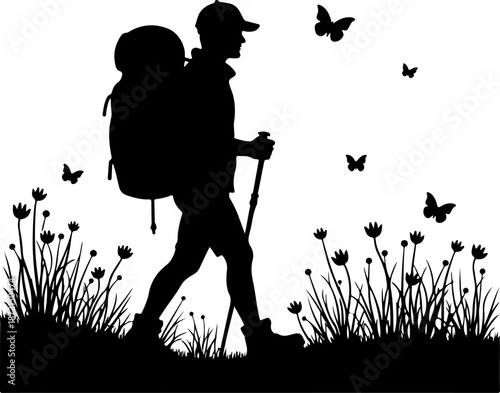 Adventurous Mountain Trekkers & Hiking Silhouette Journey