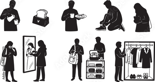 Silhouettes of people shopping and trying on clothes