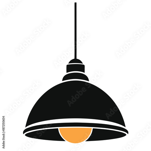 Simple black pendant lamp with an orange light hangs from the ceiling elegantly