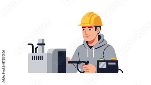 Skilled engineer or technician wearing a hard hat, diligently working on industrial machinery, symbolizing maintenance and manufacturing.