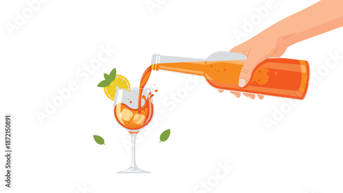 Refreshing orange drink being poured from a bottle into a glass, garnished with a lemon slice and fresh mint leaves, indicating a summer beverage.