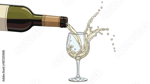 Crisp white wine elegantly pouring from a bottle into a crystal glass, creating a dynamic splash, perfect for celebration or refreshment.