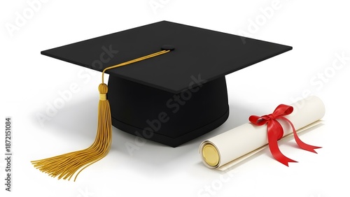 A classic graduation cap rests beside a rolled diploma, a timeless symbol of academic achievement and educational milestone.