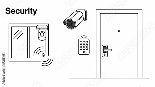 Home Security System Door Window Camera and Keypad Illustration.