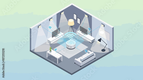 Isometric Room with Central Device Emitting Signals.