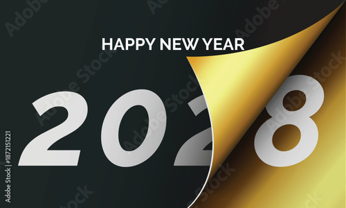 Modern vector graphic showing the turning of a paper page to reveal the elegant gold and white numbers for the New Year 2028.