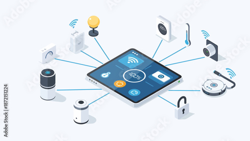 Isometric Smart Home Automation System with Central Tablet Control.