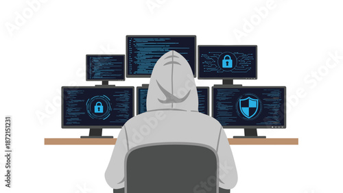 Anonymous hacker in a hoodie working intently on multiple computer screens displaying code and cybersecurity icons, symbolizing cybercrime.