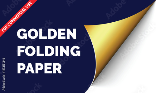Golden page curl corner on blank sheet of paper. Turn paper sticker with flip edge isolated on black background. Vector web banner for your design