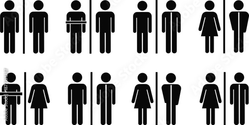 Public restroom toilet icons set showing male female unisex symbols isolated on white background for signage wayfinding design