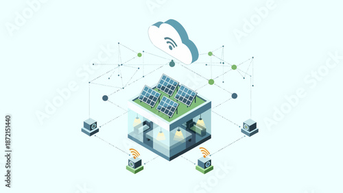 Isometric Smart Home with Solar Panels and Cloud Connectivity.