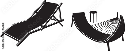 Black lounge chairs and table on white background