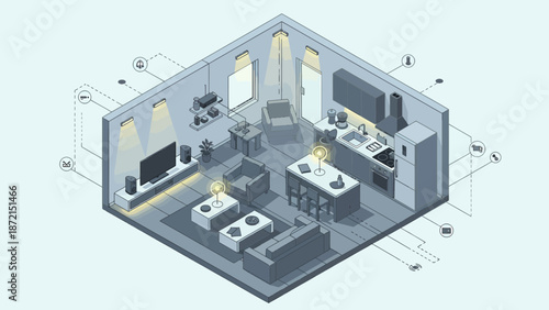 Isometric View of a Modern Living Room and Kitchen Design.