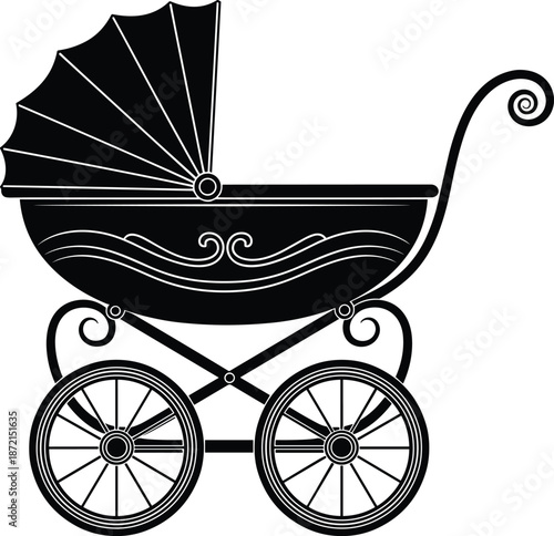 Vintage baby stroller silhouette illustration with classic pram design isolated on white background for nursery childhood retro concept use